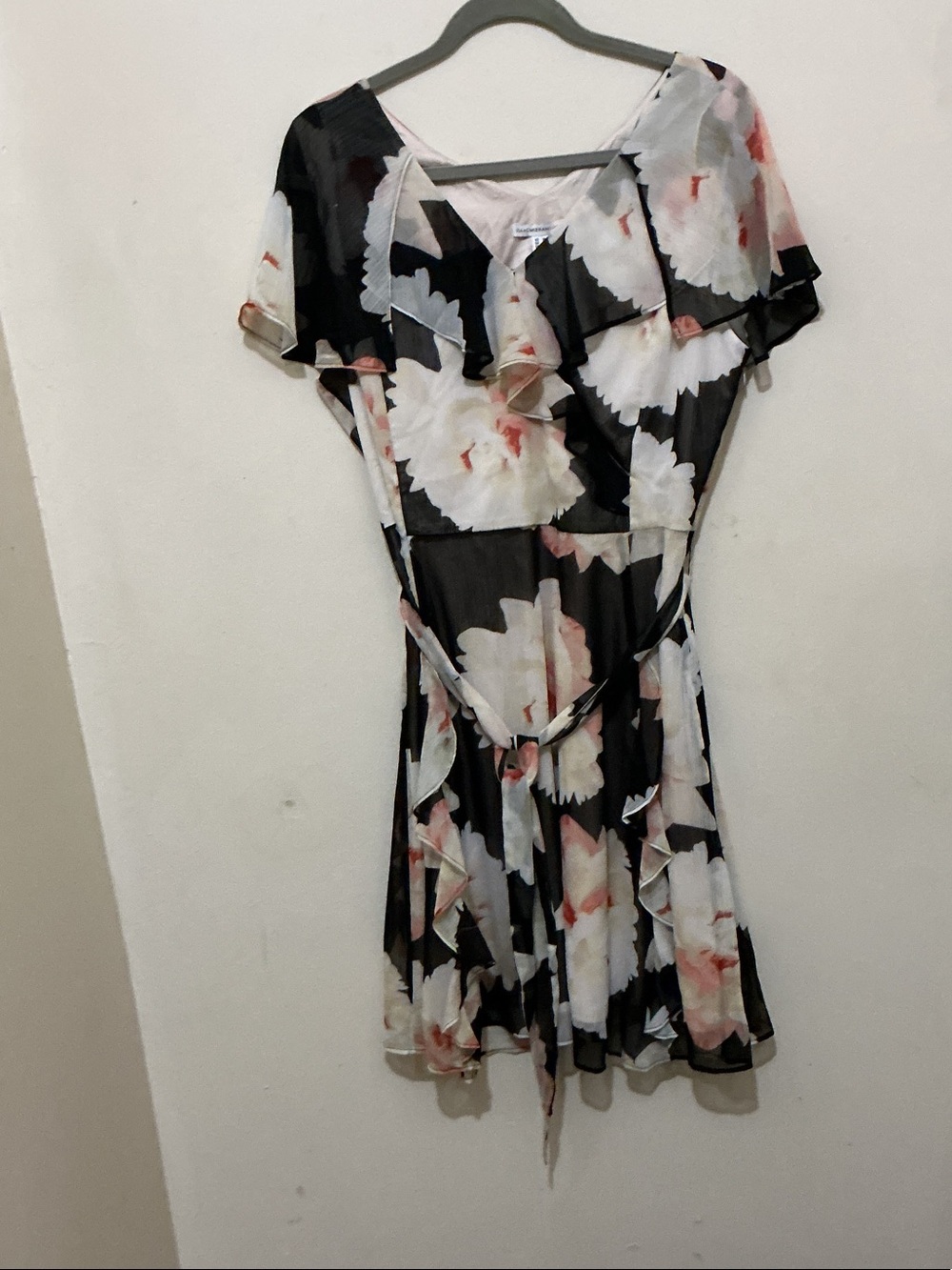 Isaac Mizrahi Black Floral Ruffle Wrap Mini Dress with Pink Accents